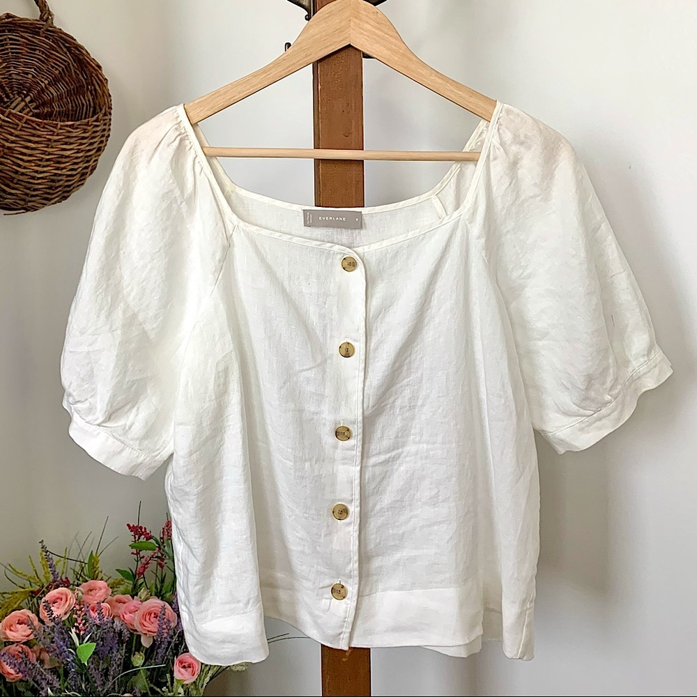 Everlane Linen The Puff Sleeve Button Front Crop Top Off White Short Sleeve sz 8